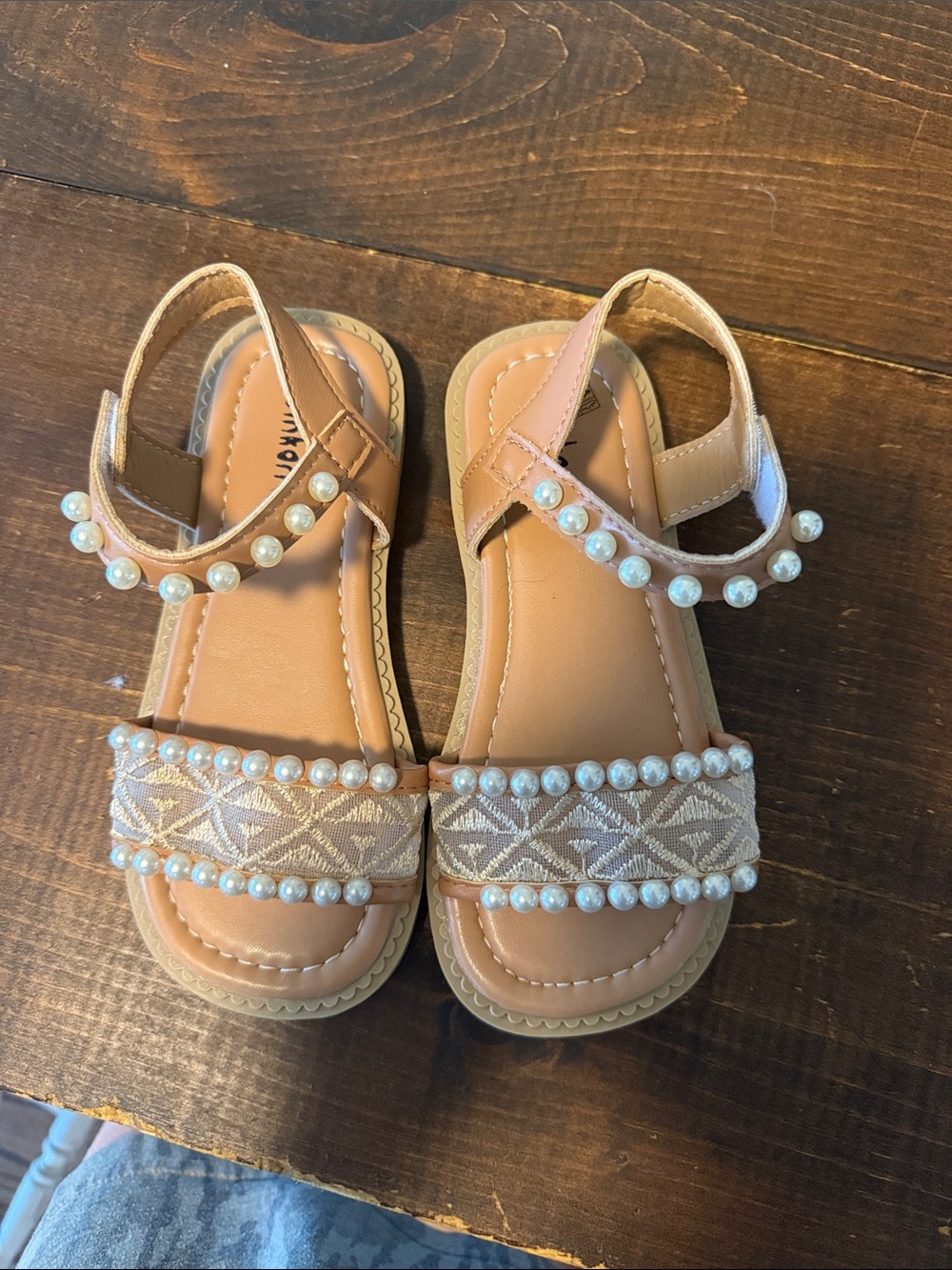 Girls' Pearl-Trim Tan Ankle-Strap Sandals